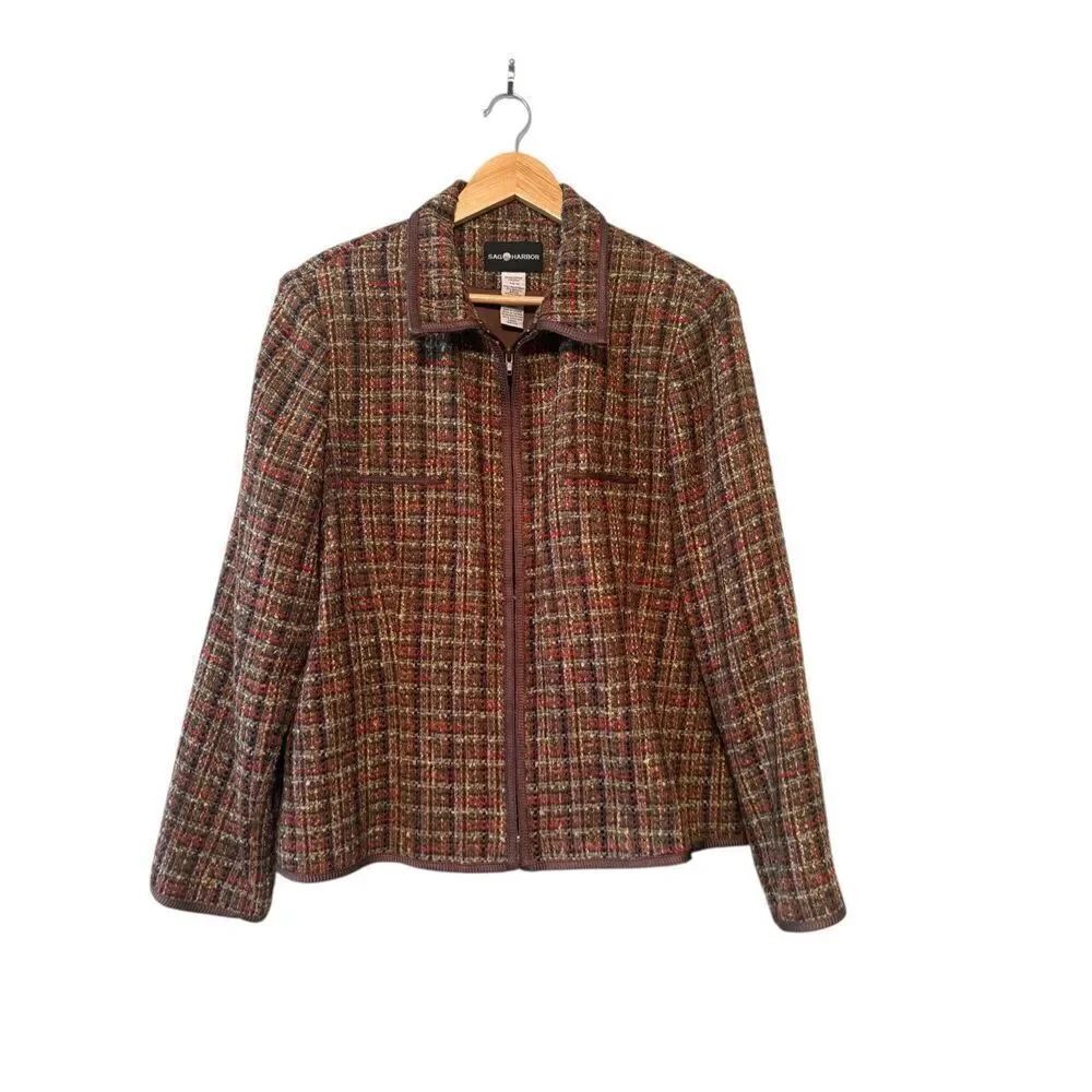 Sag Harbor Women's Plus Size 18 Boucle Tweed Zip Up Jacket Earthy Fall Tones